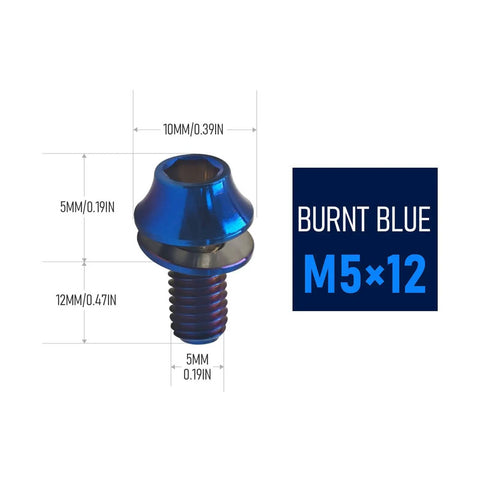 Beefy Titanium M5x12mm Hex Bolt in blue with measurements, ideal for MTB bike water bottle cage, corrosion resistant Grade 5 6Al4V