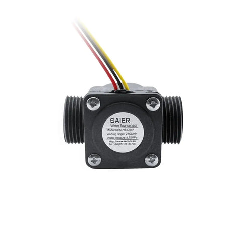 Front view of Compact Nylon Three Quarter Inch DN20 Hall Effect Water Flow Sensor With Liquid Level Switch, showing wiring and label.