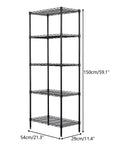 Hassle Free Five Tier Floor Standing Carbon Steel Storage Rack With Heavy Duty Adjustable Wire Shelving Rig dimensions 150cm high, 54cm wide.