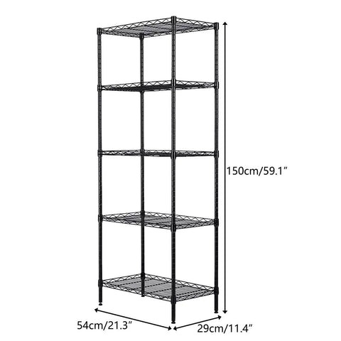 Hassle Free Five Tier Floor Standing Carbon Steel Storage Rack With Heavy Duty Adjustable Wire Shelving Rig dimensions 150cm high, 54cm wide.