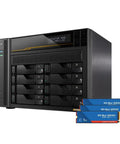 Heavy Duty Eight Bay Nas Built For Knockout Performance With Amd Ryzen Processor And Sixteen Gb Ecc Ddr5 Memory Comes Loaded With Three Terabyte Ssd Drives And Dual Ten Gigabit Ethernet Ports For Real World Pros in black chassis with multiple drive bays.
