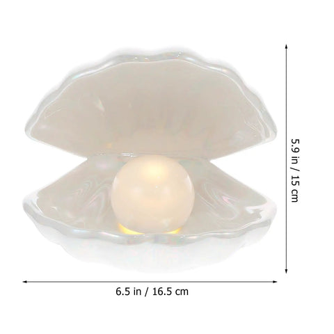 Ceramic Shell Pearl Light LED Clam Tabletop Lamp For Beach Room Decor White Pearl Glow Ocean Theme Night Light Gift, size shown