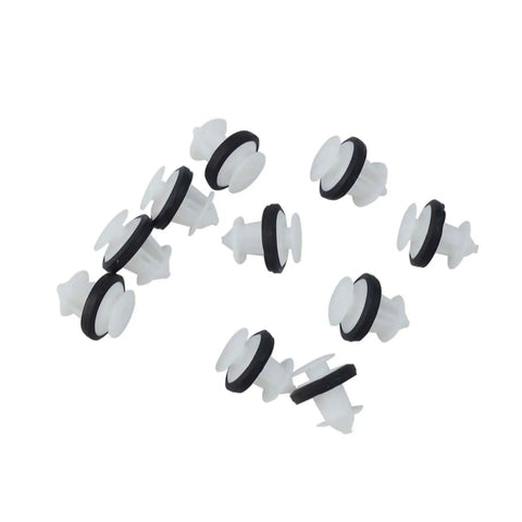 Premium Side Door Skirt Retainer Clips With Durable Door Trim Panel Fasteners That Are Straight Up Fire For Tesla Model Y And Model 3 Aftermarket Auto Body Hardware Kit showing 10 white clips with black rings.