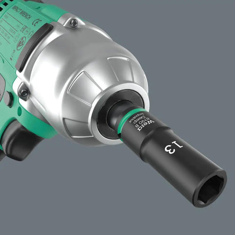 Electric wrench with 13mm socket, Long Three Eighths Inch Drive Deep Socket Set Fourteen Piece Impaktor Technology for beastly durability