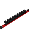 Nine Slot Screwdriver Organizer Wall Mount Rail Heavy Duty Tool Holder in red aluminum and black PP