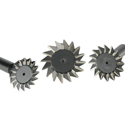Three tungsten carbide dovetail end mills with straight shanks and star-shaped teeth; varying diameters.