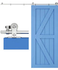 14 Foot Stainless Steel Sliding Barn Door Hardware Track Kit Top Mount T Hanger Set For A Single Door with blue wood door