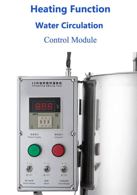 Plug And Play Commercial Filling System With Built In Heater And Stirrer For Creams Lotions Honey Pumping High Octane Workflow Straight Up Reliable 100 Gallon Tank control module showing heating function and water circulation settings.