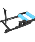 Foldable Bike Roller Trainer With Seven Gears And Front Wheel Quick Release, aluminum stand with blue rollers for indoor use.