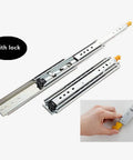 Beefy Heavy Duty Drawer Rails With Full Extension Side Mount Slides Industrial 3 Section Track Runners Locking Ball Bearing Metal Rails 650mm Pair shown with locking mechanism