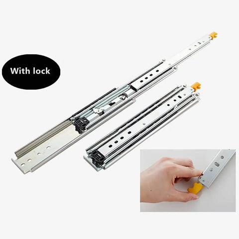 Beefy Heavy Duty Drawer Rails With Full Extension Side Mount Slides Industrial 3 Section Track Runners Locking Ball Bearing Metal Rails 650mm Pair shown with locking mechanism