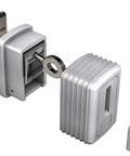 Hotel Safe Lock Extra Security Barrier that Blocks Master Override Keys, shown disassembled, silver metal, focus on theft prevention.