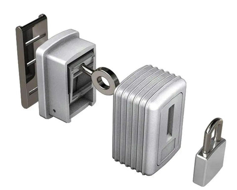 Hotel Safe Lock Extra Security Barrier that Blocks Master Override Keys, shown disassembled, silver metal, focus on theft prevention.
