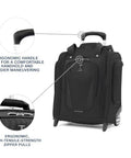 Softside Underseat Carry On Bag With Wheels Lightweight 15-Inch Luggage For Travel Compact Upright Two-Wheel Roll On 26 L Capacity Durable Eco Friendly Black with ergonomic handle and zipper details