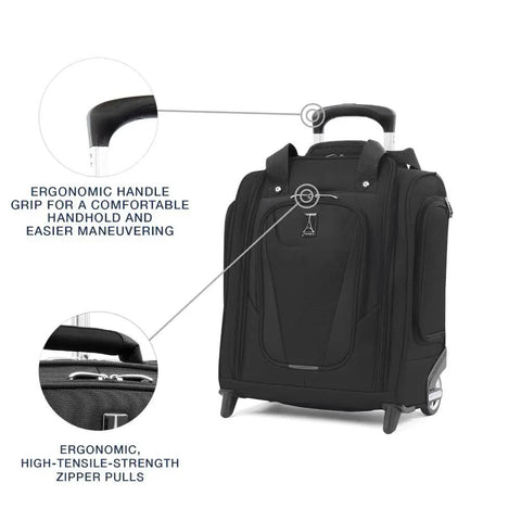 Softside Underseat Carry On Bag With Wheels Lightweight 15-Inch Luggage For Travel Compact Upright Two-Wheel Roll On 26 L Capacity Durable Eco Friendly Black with ergonomic handle and zipper details