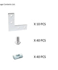Ten Piece 1 Inch By 1 Inch L Corner Bracket Set For 1010 T Slot Aluminum Extrusions with 40 M6 Bolts and 40 T Slot Nuts visible