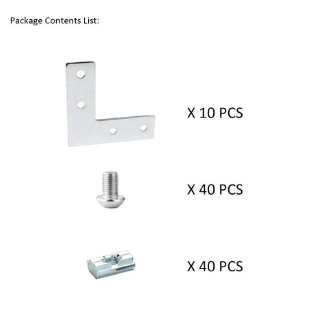 Ten Piece 1 Inch By 1 Inch L Corner Bracket Set For 1010 T Slot Aluminum Extrusions with 40 M6 Bolts and 40 T Slot Nuts visible