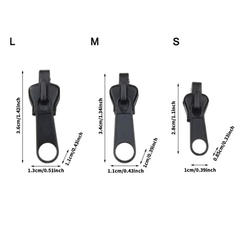 Zipper Repair Kit With Replacement Slider And Teeth For Jackets Bags Jeans And Luggage Instant Fix, black sliders in sizes L, M, S.