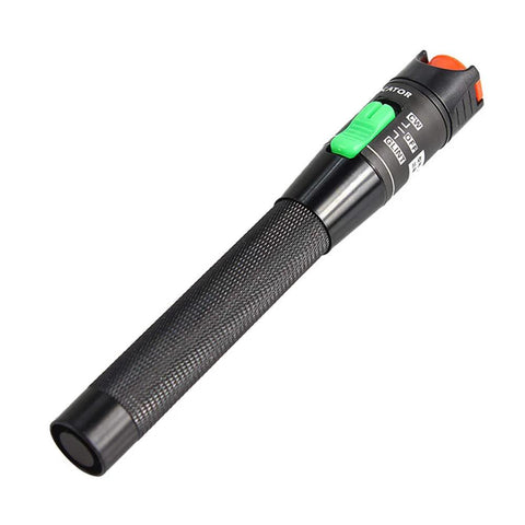 Visual fault locator fiber optic tester, pen-style black device with green switch and knurled grip