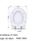 Upgrade Your Restroom With This Smooth Quick Release Round Wooden Toilet Seat Featuring A Fresh Drip Art Print And Ultra Comfy Cushioned Seating For Daily Chill Sessions dimensions showing length 45-48cm and width 38cm.