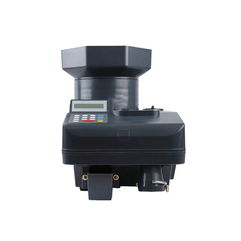 Top Tier Electronic Coin Counter Automatic Bankroll Sorter And Cash Wrapper Machine Featuring Smooth Plug And Play Design For Global Currency Processing, front view.