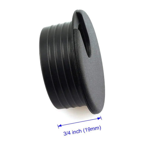 Close-up of black plastic cord organizer with 3/4 inch dimension, part of 2 Pack 1-1/2 Inch Desk Wire Grommets Hole Covers Black Plastic Cord Organizer For Office PC Desk Cable Management And Neat Wires Keeps Cables Hidden And Tidy.