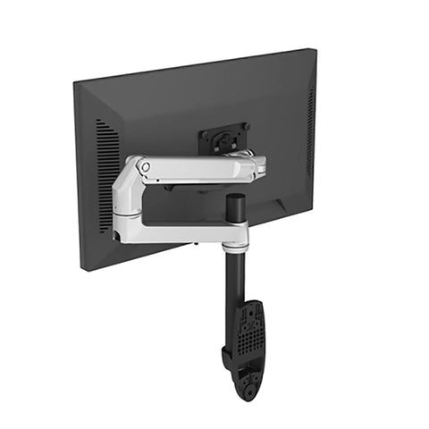 Top Notch Wall Mount Monitor Arm And Laptop Stand Featuring Slick Full Motion Movement Heavy Duty Aluminum Mechanical Spring Holder Supports Broad Display Range Super Fast Setup, showcasing sleek aluminum arm with monitor attached from behind.