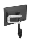Slick Wall Mount Monitor Arm With Smooth Full Motion Articulation Premium Aluminum Mechanical Spring Display Stand Ergonomic Silver Laptop Workstation Ultra Heavy Duty attached to a monitor from the back view.