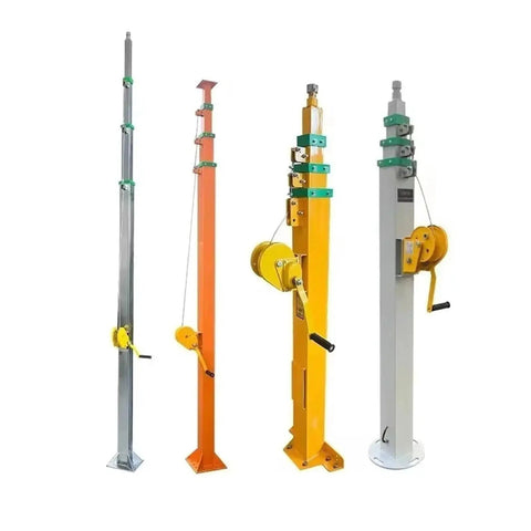 Heavy Duty Self Standing Hand Crank Lifting Mast With Slick Telescopic Design Adjustable Height Portable Work Platform For Construction Maintenance Zero Sweat Operation And Built Tough - Four different colored models shown