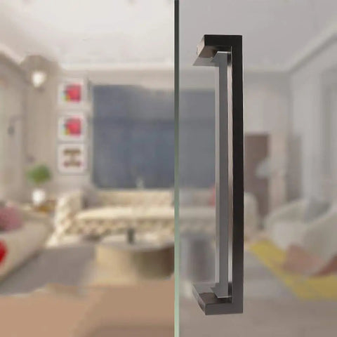 Door Handle Stainless Steel Square Tube Matte Black For Glass And Wooden Doors Anti Push Design installed on a glass door