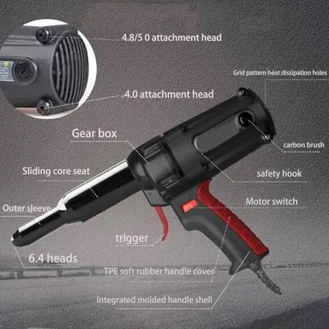 Heavy Duty Corded Electric Rivet Gun With Brushless Motor Six Hundred Watt Power Tool Kit showing gear box, trigger, and attachment heads.