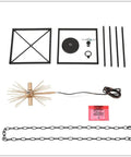 Black And Gold Four Light Sputnik Chandelier parts including frame, rods, and chain for assembly, 12 Inch Wide, Mid Century Modern design
