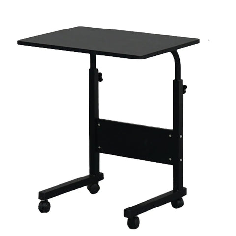 Rock Solid Adjustable Height Rolling Computer Desk With Smooth As Butter Locking Casters Portable Standing Laptop Table For Tight Quarters And Remote Work Setup In Glossy Black with four casters.