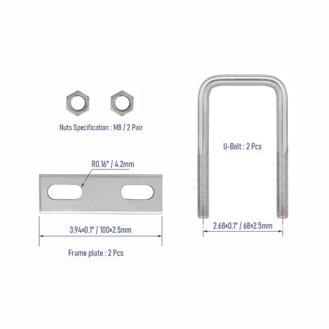 Diagram of Two Sets 304 Stainless Steel Square U Bolts, Two And Three Eighths Inch Inner Width, Four Inch Length M8 With Nuts