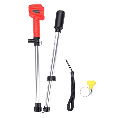 Heavy Duty Cordless Stick Water Transfer Pump Dumps 720 GPH Water Fast With 16 Ft Lift showing red handle and aluminum tube for draining.