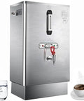 No Fuss Commercial Hot Water Boiler And 40L Stainless Steel Dispenser With 3Kw Fast Heat Element Auto Refill System Plus Digital Thermometer And Anti Dry Burn Safety For Cafe Or Office Daily Grind with a glass of water and a cup of coffee.
