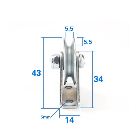 Badass All American V Groove Suspension Pulley With Tough Bearing Steel Rolling Guide Wheel And Sturdy 1U Bracket showing dimensions and profile view.