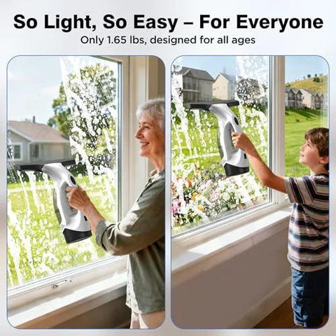 Front view of ZRHI cordless window vacuum squeegee; black handheld window cleaner with 150ml water tank