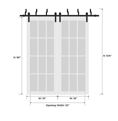Diagram of Easy Glide Sliding Closet Doors Set with Clear Glass Barn Door Style Bypass Panels, dimensions and mounting details.