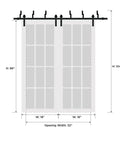 Diagram of Frosted Glass Sliding Barn Closet Doors With Hardware Set For Bedroom, two 24x96 panels, chocolate ash finish, 6.6ft rails.