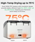 SpacePi X4L Filament Dryer And Storage Box with dual heating chambers, showing 200W heating elements and 75C temperature on display