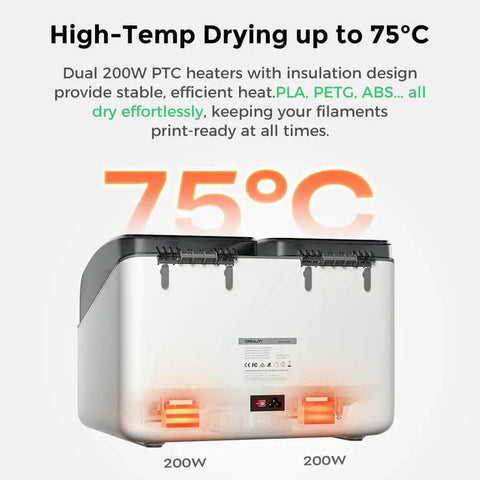 SpacePi X4L Filament Dryer And Storage Box with dual heating chambers, showing 200W heating elements and 75C temperature on display