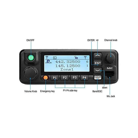 Front display of MD9600 GPS DMR Dual Band 50 Watt Mobile Radio For Cars And Trucks With AES256 Encryption showing control knobs.