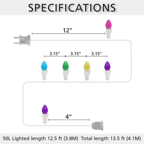 Specifications of Easter String Lights LED Multi Color Glass C3 Bulbs 50 Count For Party Vibes On Patio And At Home.