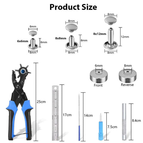 Belt Hole Puncher With 240 Sets Of Leather Rivets For Belt Watch Band Strap Dog Collar Saddle Shoes Fabric And Diy Projects Includes Six Hole Sizes 2mm 2.5mm 3mm 3.5mm 4mm 4.5mm with tools and ruler