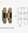 Beefy Invisible Door Hinges 3D Adjustable Concealed Butt Hinge Zinc Alloy With Shiny Gold Black Or Chrome Finish Hidden Mount Heavy Duty Door Hardware For Smooth Quiet Entries And Easy Install bronze hinge with dimension diagram