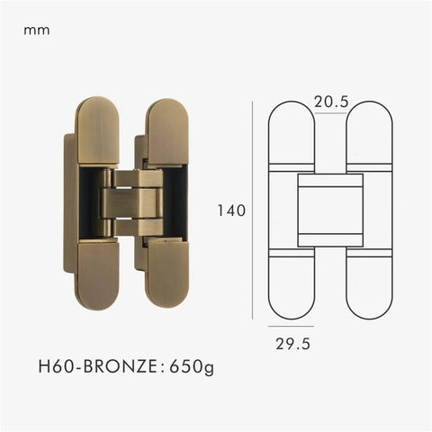 Beefy Invisible Door Hinges 3D Adjustable Concealed Butt Hinge Zinc Alloy With Shiny Gold Black Or Chrome Finish Hidden Mount Heavy Duty Door Hardware For Smooth Quiet Entries And Easy Install bronze hinge with dimension diagram