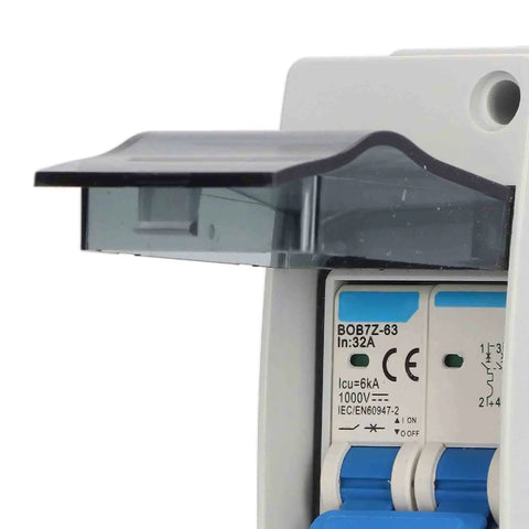 Close-up of PV DC Circuit Breaker 32A 6kA IP65 DC Isolator Switch for PV Solar Panel Grid Connected Systems Home and RV Use Pro Grade Miniature Breaker