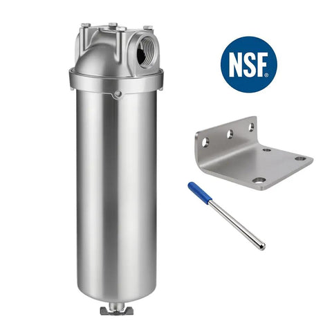 Stainless Steel Whole House Water Filter Housing Built Tough For Heavy Duty Home Plumbing Systems Fits Ten Inch By Two And A Half Inch Sediment Cartridges 1 Inch NPT Ports With Wing Style Drain Valve Great For City Or Well Water displaying housing, bracket, and NSF logo