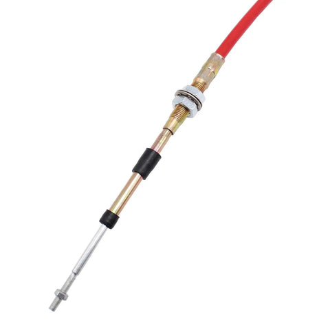 Close-up of 4 ft Shifter Cable with Eyelet End, Threaded Morse Style, Heavy Duty ABS and Metal Jacket, shown against a white background.